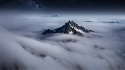 looking down from space at a misty mountain coming through the mist and surrounded by the mist at night starry sky