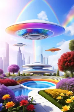 colors, very beautiful, ,flowers, garden,rainbows, cité futuriste ultra moderne, ufos very beautiful over class