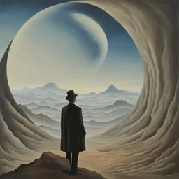 person alone in planet,cover art, surrealist painting called 'today I am thinking about time by dali and picasso and magritte and Breughel