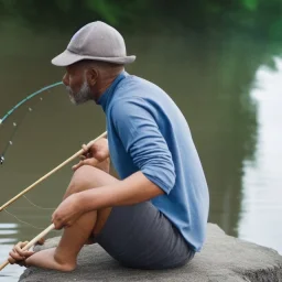 homme entrain de pêcher, vue éloigné et de coté, position assise, réaliste