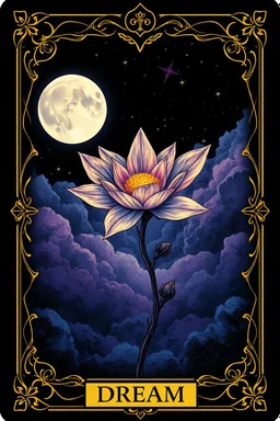 in center stunning colors and gold alcolhol ink tarot card (9:10 ratio) with 1 full moon and stunning fantasy fairy etheral flower, moon reflection, inscription at the bottom, text:"DREAM", dark sky, strars, occult forces, sharp focus, beautiful ornamentic frames on card, detalied, fantasy, black background