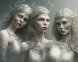 Phorcides (the three blind witches) portraits, Greek mythology, passing the eyeball between them, 8k resolution concept art, dynamic lighting, intricately detailed, hyperdetailed, gothic, creepy, unsettling, disfigured