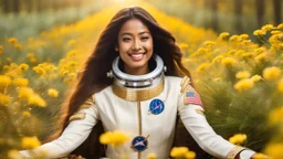 A gorgeous smiling ceylanese model with a golden skin and long smooth hair in a cosmonaut outfit with luminous strikes in a hill of flowers with 1000 y/o trees, a small torrent, loads of mini flowers, moss, sun rays through the branches, particles in the air at spring