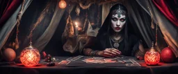 Hyper Realistic photographic-view of Wicked-&-Beautiful-Fortune-teller-with-glowing-red-eyes wearing black-beed-necklace-&-bracelet angrily Looking at her crystal-ball glowing magically & sitting in her tent at dark-night decorated with fancy-traditional-feathers-&-tarot-cards showing dramatic & cinematic ambiance"