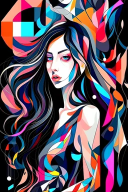 Neo Surrealism, whimsical art, Analytical Cubism Illustration Design a perfect pretty girl, black long hair, Split-Complementary color guide, Plasma Energy Texture, abstract background, girl, Pose with movement, often for geometric deconstruction, monochromatic palette, or fragmented forms.