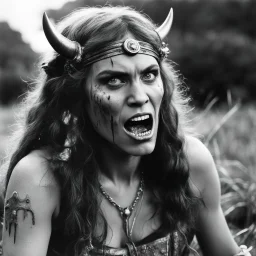 [vintage style noisy scratches glitches] 1970s angry Hippie warrior woman with a knife gripped tightly in her hands fighting Alien liquid saliva monster. Face to face: Its drooly, drooling head looms dangerously close to her pretty face, dripping with acidic saliva. the world emits eerie, otherworldly sounds that reverberate through the liquid landscape.