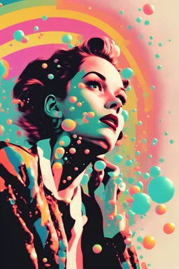 A vintage animation in 50s style. Glitch effect. A woman exploding in pixels and bubbles. Rainbow static explodes on her face. Psychedelic shapes and colors in the distance.