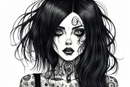 create a disturbing horror full body sketch of a dark haired, savage, gothpunk vampire girl with highly detailed , sharply defined hair and facial features, in the style of Junji Ito, precisely drawn, inked, with dramatic edges,