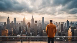a close up view of a man standing on the balcony of a building while looking at a New York Manhattan, highly detailed, raw photo, procedural city, atmospheric, weather, billboards an signs