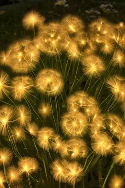 Dandelions glowing like fireworks in the sparkling summer night