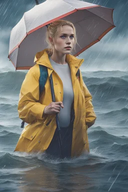 In the music video, a 23-year-old woman with blonde hair and bright blue eyes stands in the sea, se has a bun. dressed in a yellow fisherman's jacket. She holds an umbrella, but it offers no protection from the pouring rain. Around her, heavy horses are moving. The rain is pouring heavily. She is standing in the middle of the sea. You can see here completely. The rain is pouring really really hard. horses Only the girl and horses