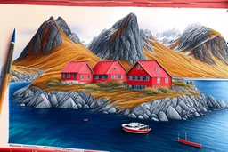 Colored pencil drawing, of the colorful nature of Lofoten Island in Norway, with a characteristic red houses, Ultra Realistic,