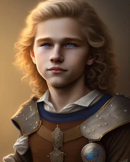 full length photograph of a beautiful 12 year old boy with long, blonde curly hair and light blue eyes, smiling, standing in a medieval street, highly detailed, smooth, photorealistic, digital art, HDR