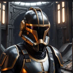 star wars bald male corellian pilot wearing pearlescent black and gunmetal grey First Order special forces heavy assault stealth commando armor and helmet with gold trim inside the jedi temple, hyperdetailed, dynamic lighting, hyperdetailed background, 8k resolution, volumetric lighting, light skin, fully symmetric details