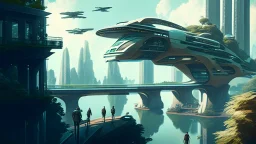 people watching a futuristic ship flying above a utopian city. bridges, roads, balconies, trees, dense foliage, river, pathways, detailed photorealistic