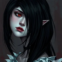 a pretty girl, 14 years old, black hair, vampire, red eyes, realism, stylised, serana, fantasy, mystery