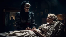 cinematic photograph set in a dimly lit, old-fashioned little village room. An elderly midwife dressed in a vintage black dress and black European headscarves stands beside an old wooden bed, her gaze focused on a young blonde woman lying down. The young woman wears a linen dress, her face hidden by the shadows cast by the sparse lighting and her long hair. The atmosphere is sinister, tense and dramatic, with a sense of impending danger and high detail, creating a realistic and sharp focus