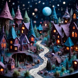 Detailed creepy landscape made of modeling clay, people, village, stars and planets, naïve, Tim Burton, intricate, Harry Potter, strong texture, extreme detail, Max Ernst, decal, rich moody colors, sparkles, bokeh