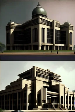 Architectural style for building of India's Intelligence Bureau , make it visibly military and intelligence style at the same time similar to Indian Architecture, use darker colors, make it wider and not much taller