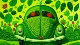 A lime green Bug Veilspun designed in German folk art painted by Henri Rousseau