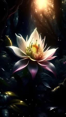 epic a full-size photo of a Epiphyllum oxypetalum flower with innumerable petals, front illumination only, forest background, magic wake, fantasy illustration, sparks, glitter, grainy, noise, fractal crack effect, cinematic, deep depth of field, 3D, 16k resolution photorealistic, a masterpiece, breathtaking intricate details, reflective catchlights, high quality, abstract vector fractal, wave function, Zentangle, 3d shading