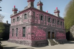 A grayish pink castle painted by Keith Haring