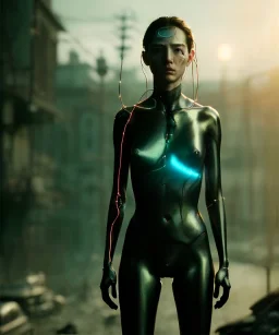 Ultra realistic photographic night portrait, cinematic, naked, long hair <sexy woman> <hanging wires> many wires coming out of the head <perfect pupil> <cyborg> <garage> <wide angle Shot> <sci-fi futuristic> <thriller>, fog, soft color, highly detailed, unreal engine 5, ray tracing, RTX, lumen lighting, ultra detail, volumetric lighting, high definition.