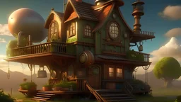 Small house, steampunk futuristic morning