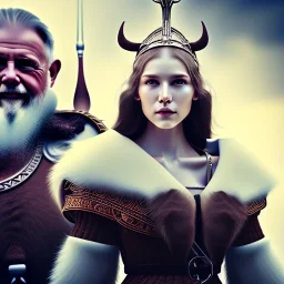 Viking theme, a younger woman sitting next to a 50-year-old man, portrait, 8K, close-up face, anatomically perfect face, Highly detailed stunning full frame portrait, misty and cloudy atmosphere