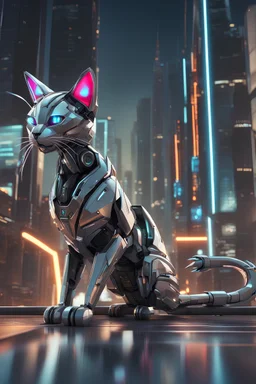 A sleek mechanical cat with glowing LED eyes, silver fur, and retractable titanium claws, depicted in a futuristic digital art style. The cat is shown prowling through a cyberpunk cityscape, with neon lights reflecting off its metallic exterior and casting dynamic shadows. The cat's movements exude agility and grace, capturing the essence of a real feline in a futuristic robotic form