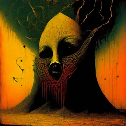 Cirrhosis grotesque overdose Shirley Jackson's lottery, abstract surrealism, by Phlegm and Dave McKean and Zdzislaw Beksinski, silkscreened mind-bending illustration; warm colors, off-centered fragmented composition, burlap sack mask dark shines overdose of grotesque, Expressionism