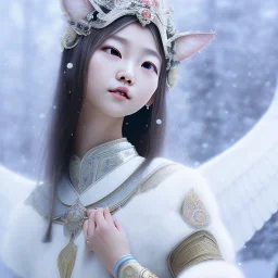 smooth hyper realistic, beautiful smiled Japanese goddess, pale colors, dark cosmos background, cat еye, extremely sharp detail, finely tuned detail, ultra high definition, 8 k, unreal engine 5, ultra sharp focus, accurate sword wings, positive smile, lot of details, fit within portrait, Ambiance winter, perfect composition, perfect hair, perfect hands, finger up gestures