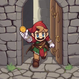 Male Fantasy RPG character, chaabi kawaii mario proportions, lord of the rings inspiration, with a coin held out in front, in a bounding run out a doorway, isometric game