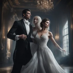 Hyper Realistic close-up-view-of-handsome-muscular-man-in-black-tuxedo dancing with a beautiful-ghost-of-a-women-in-torn-white-gown inside a super-dark-fancy-hall-of-a-mansion with creepy flying-ghosts behind showing dramatic & cinematic ambiance