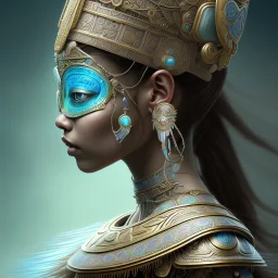 Sango fantasy, fantasy magic, intricate, sharp focus, illustration, highly detailed, digital painting, concept art, matte, art germ and Paul Lewin and Kehinde Wiley, masterpiece Mayan princess dancer head bronze feather's' Asian Latin girl nice breast brown Thai hair turquoise silver blue sky