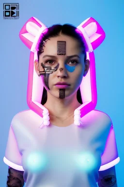 Ultra Realistic image, Rosalía artist, 40 years old, portrait, normal complexion, natural small busty, traditional little tattoo, two bows, little chopsticks hair ,black eye long liner, latex t-shirt and inflatable coat, gold pink and blue style, spray line glow make up, geometric led jewelry, fog, hot, inflatable style latex coat, vibrant color, highly detailed, art stations, concept art, smooth, unreal engine 5, god rays, ray tracing, RTX, lumen lighting, ultra detail, volumetric lighting.