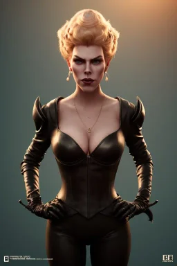 Hannah Waddingham as evil queen in black leather, busty, cleavage, curvy, lena headay, angry, stern look. character design by cory loftis, fenghua zhong, ryohei hase, ismail inceoglu and ruan jia. unreal engine 5, artistic lighting, highly detailed, photorealistic, fantasy