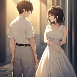 anime couple with day on one side night on the other, stormy night on one half, sunny day on the other half,ballancing scale, couple is standing back to back, white dress on female