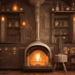 an viking fire place in old house, scary, steam punk, realistic, made in octane, cinematic, ultra-realistic, extremely detailed octane rendering, 8K, VRAY Super Real ar 2:3, dof photorealistic futuristic 50mm lens hard lighting dark gray tintype photograph, realistic lighting, sepia color