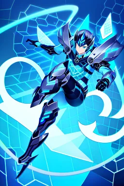 neon blue, flying parts of armor in form of triangles, cyber armor, geometric patterns on armor, male, orbiting triangle