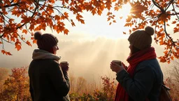 Autumn: falling leaves, Misty mornings, fog over distant fields or forests, sunshine; people wearing scarves, woolly hats, gloves, holding mugs of steaming hot drinks; chestnuts, acorns, berries, rowan, holly, mistletoe; birds migrating; squirrels gathering nuts; beautiful colours, atmospheric. Award winning photograph.