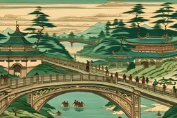 A palace near a bridge painted by Utagawa Hiroshige