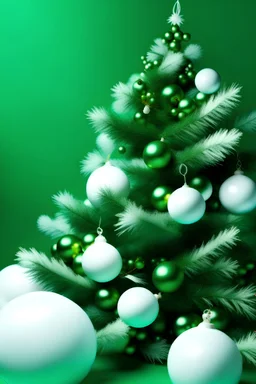 New Year's decorated white Christmas tree on a green background with green balls