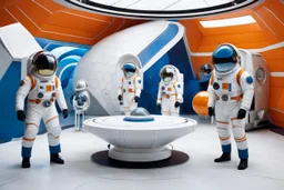 (designed in the space dock by Mario Bellini, 1970) a collection of spacesuits and space equipment that screams retro futuristic vibes. The spacesuits, with bold geometric patterns, stand out like interstellar fashion statements. A low table displays cosmic swirls reminiscent of psychedelic art, complementing the space gear perfectly. Sink into the shaggy, vibrantly-hued seats for a comfy voyage through the galaxies. Angular displays hold ancient relics and futuristic gadgets, merging the pas