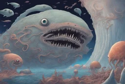 View into an event horizon in space with many enormous strange tentacled whale-like creatures with huge faceted eyes and mouths, flying around