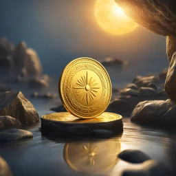 a single gold coin standing on edge. Coin's name is a Gold Sun. show one coin at a distance front on. show whole coin. fantasy concept art,