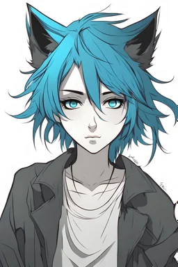 Thin androgynous anime character with short and messy vivid electric blue hair and wolf ears. Loose fitting, gender-neutral goth clothes. bored, aloof, urban background, RWBY animation style