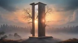 drawing on a cabinet 1.45 meters high and 34 meters wide, the last tree, city of the future year 4222, portal in space that's leads to the afterlife, and a beautiful sunset and galaxy's behind the fog, very realistic, 4K