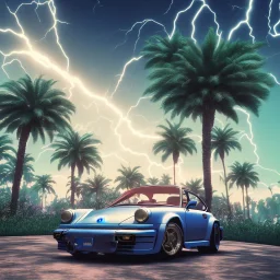 1980's aesthetic vaporwave palm trees and spheres and Porsche with lightning