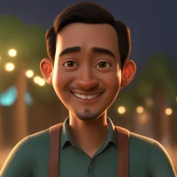 a portrait of smiling man. indonesian. carricature. black hair. short hair. tanned skin. black eye pupils. diamond face shape. a bit small goatee, without moustache. semi formal dress. pixar style. 3D. 4k. portrait. highly detailed. sharp focus. high resolution. full color. cinema lighting